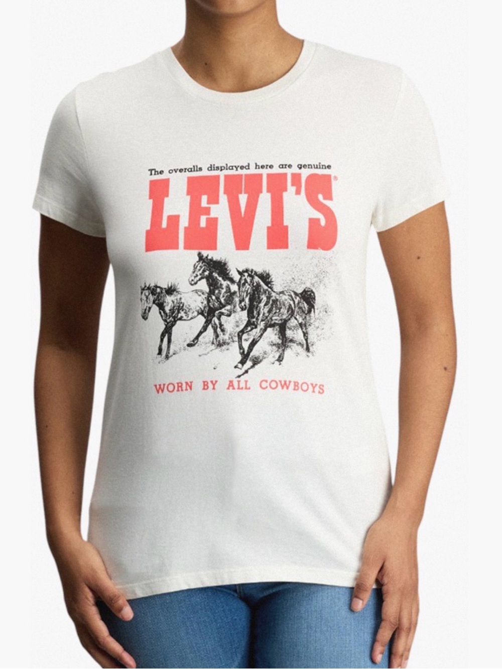 White Graphic Crewneck Tee with Red Logo and Black Horse Print